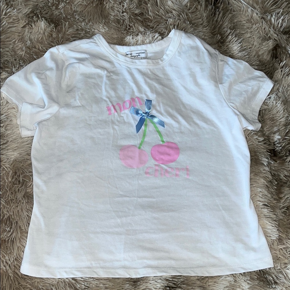Mon Cheri White Baby Tee with Pink Cherry Design